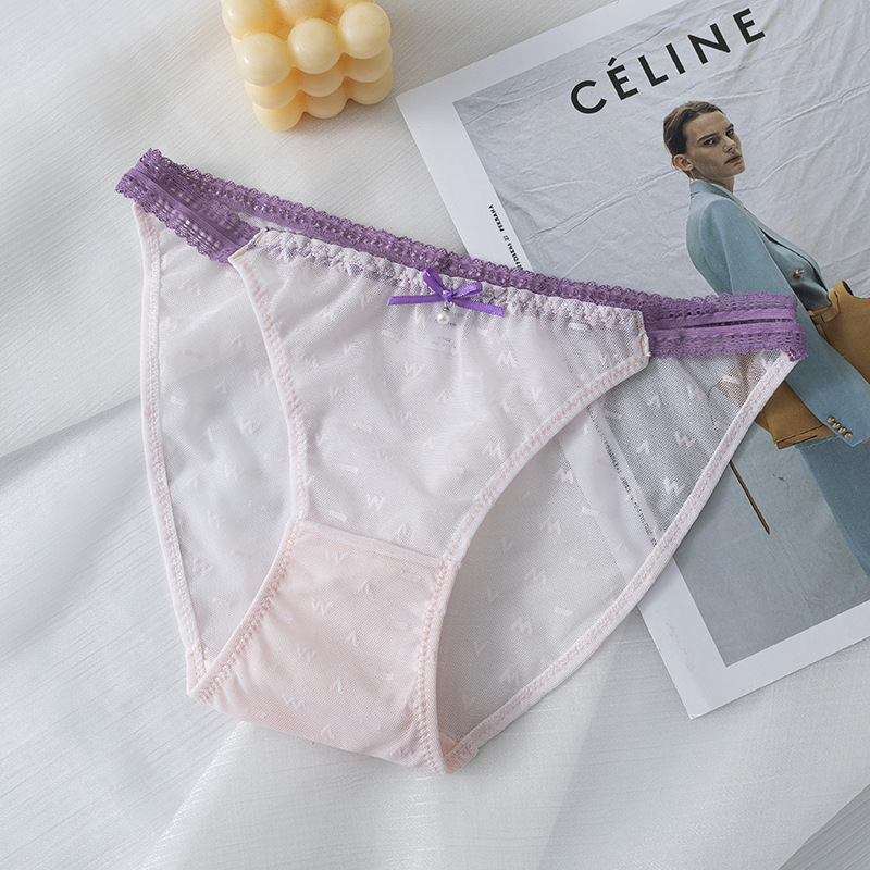 輕薄蕾絲網紗花透氣雙細條三角褲 (櫻花粉) M-L