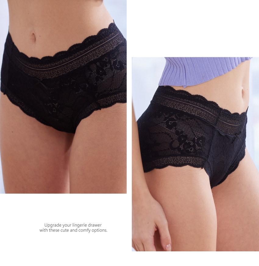 花朵網紗蕾絲透氣三角褲 (黑色)M-L