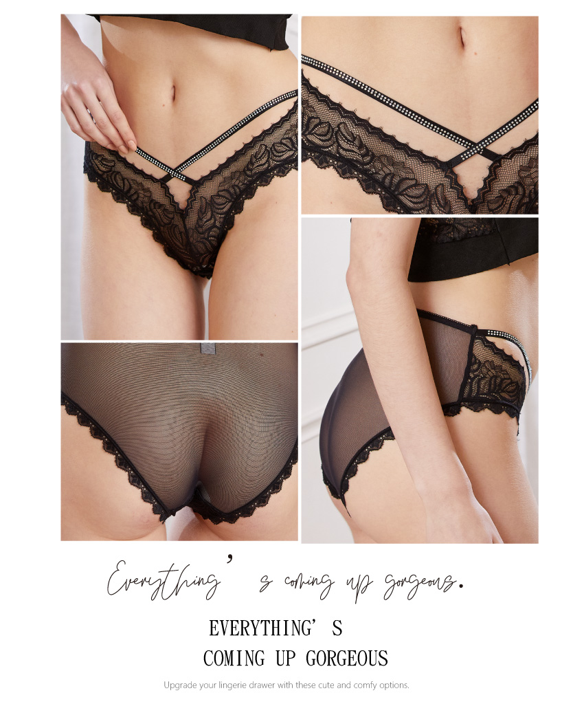 睫毛蕾絲後細帶造型低腰三角褲 (黑色) FREE