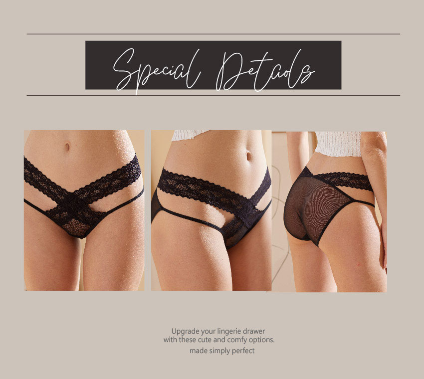 性感網紗大小細條蕾絲三角褲 (酒紅色)FREE