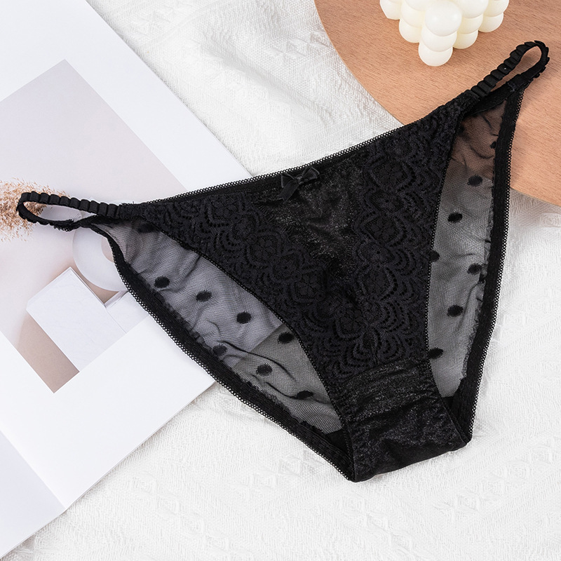 蕾絲性感網紗細條折摺三角褲 (黑色)FREE