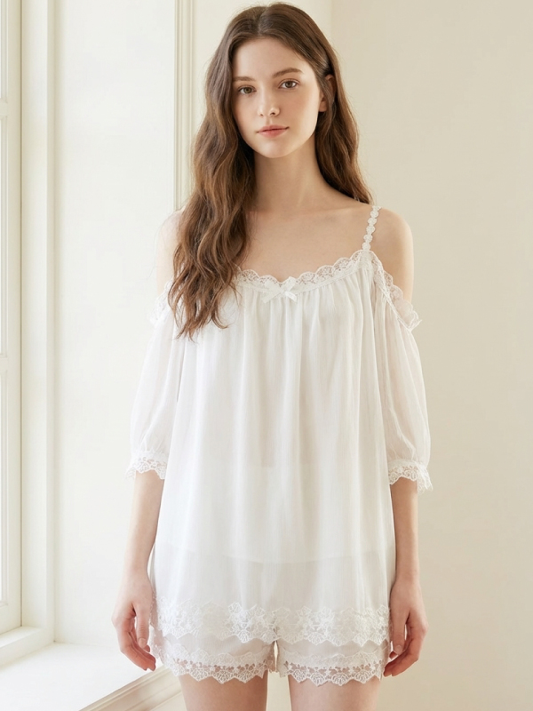 花邊一字型 居家寬鬆睡衣睡褲組 (白色) L