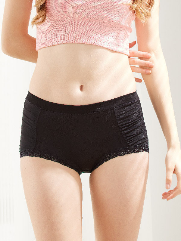 親膚柔感緹花蕾絲滾邊前抓皺彈力蠶絲高級褲 (黑色) L