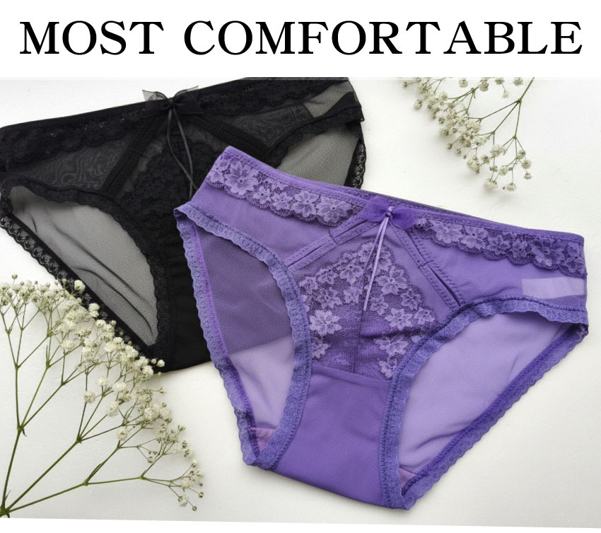 前微簍空網紗蕾絲條低腰三角褲 (紫色) FREE