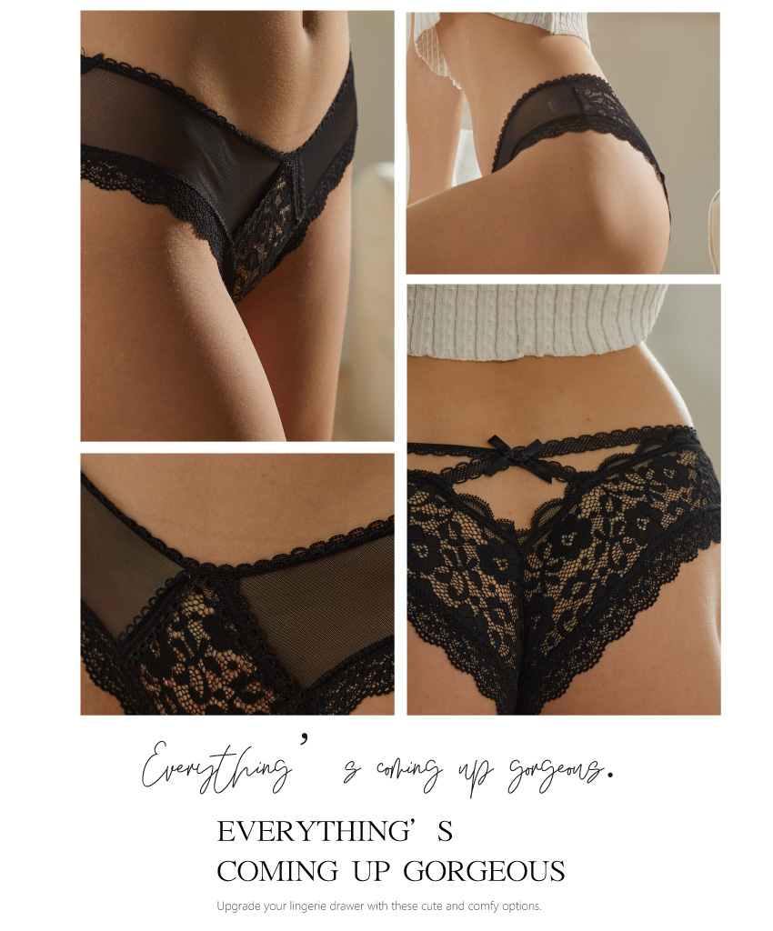 法式性感美臀交叉蕾絲低腰三角褲(黑色) M-L