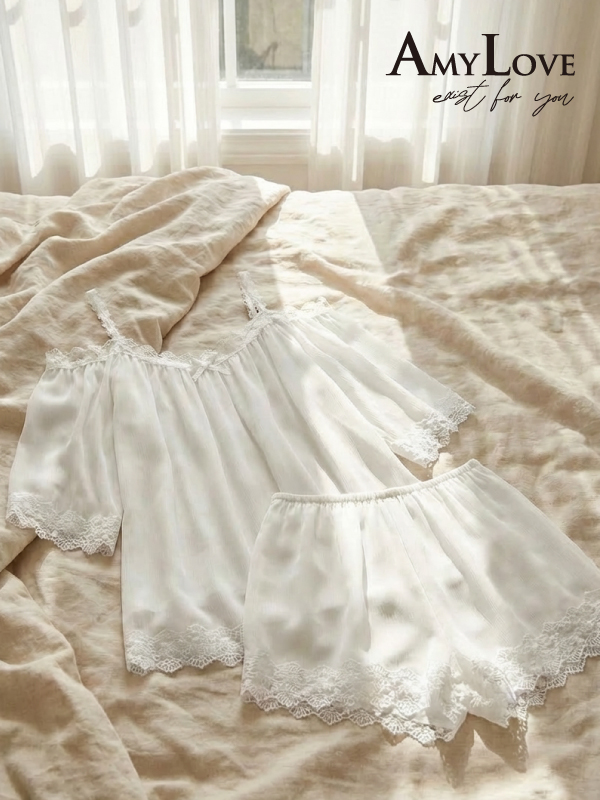 花邊一字型 居家寬鬆睡衣睡褲組 (白色) L