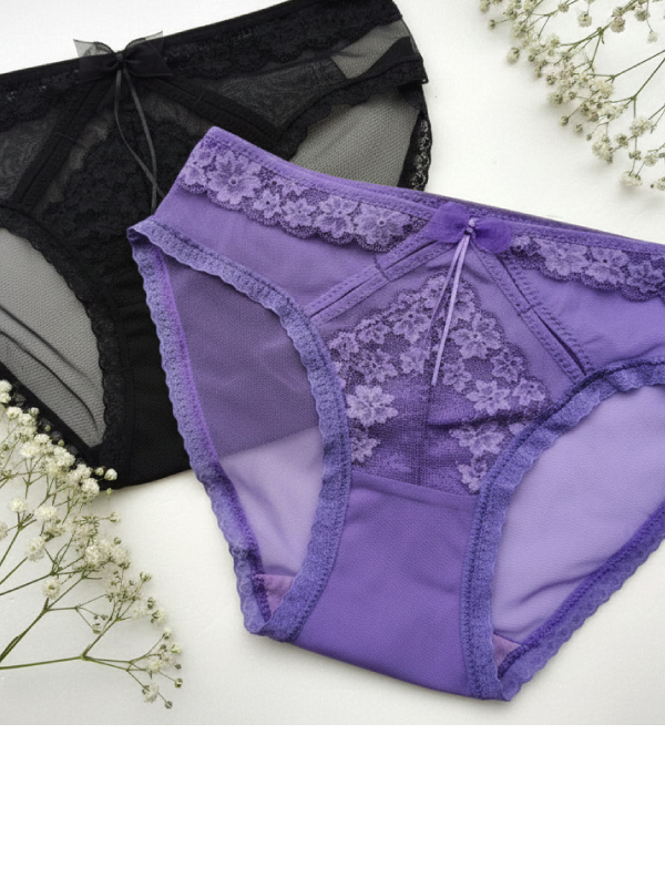 前微簍空網紗蕾絲條低腰三角褲 (嫩膚色) FREE