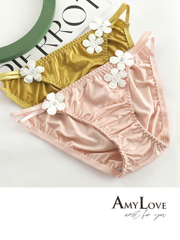 小花刺繡絲滑雙細條三角褲 (粉色) L-XL