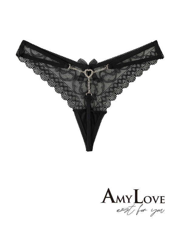 愛心鑽飾蕾絲低腰蕾絲性感丁字褲 (黑色) M-L