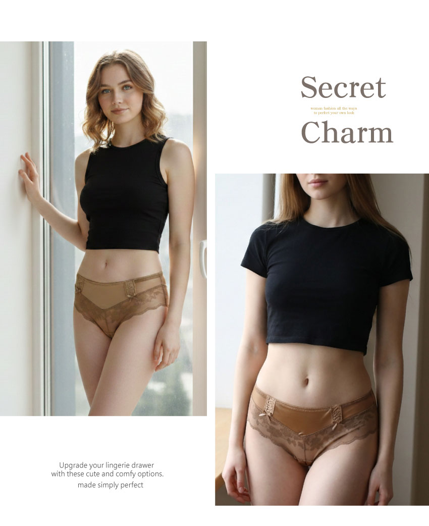 前小交叉網紗蕾絲緞面條低腰三角褲 (咖啡色) FREE