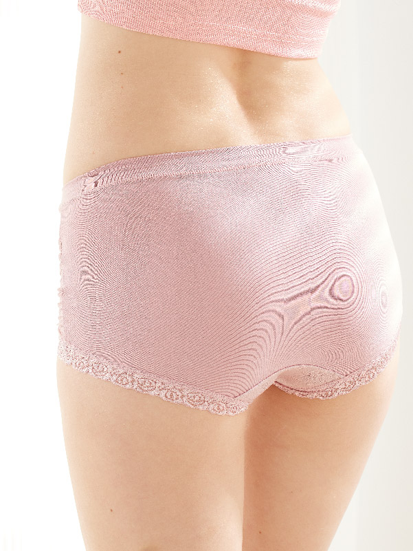 親膚柔感緹花蕾絲滾邊前抓皺彈力蠶絲高級褲 (粉紫藕色) L
