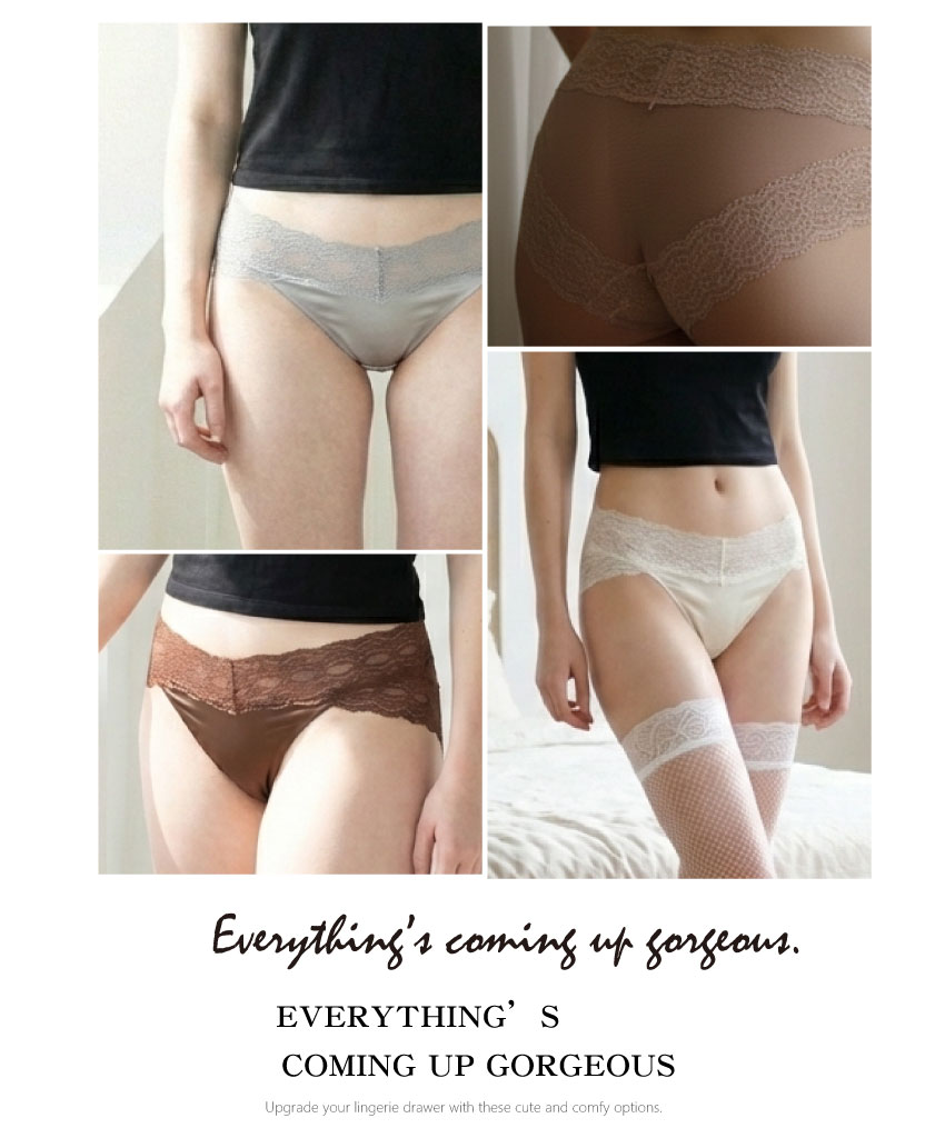 簍空小花蕾絲輕奢緞面條低腰三角褲 (咖啡) M-L