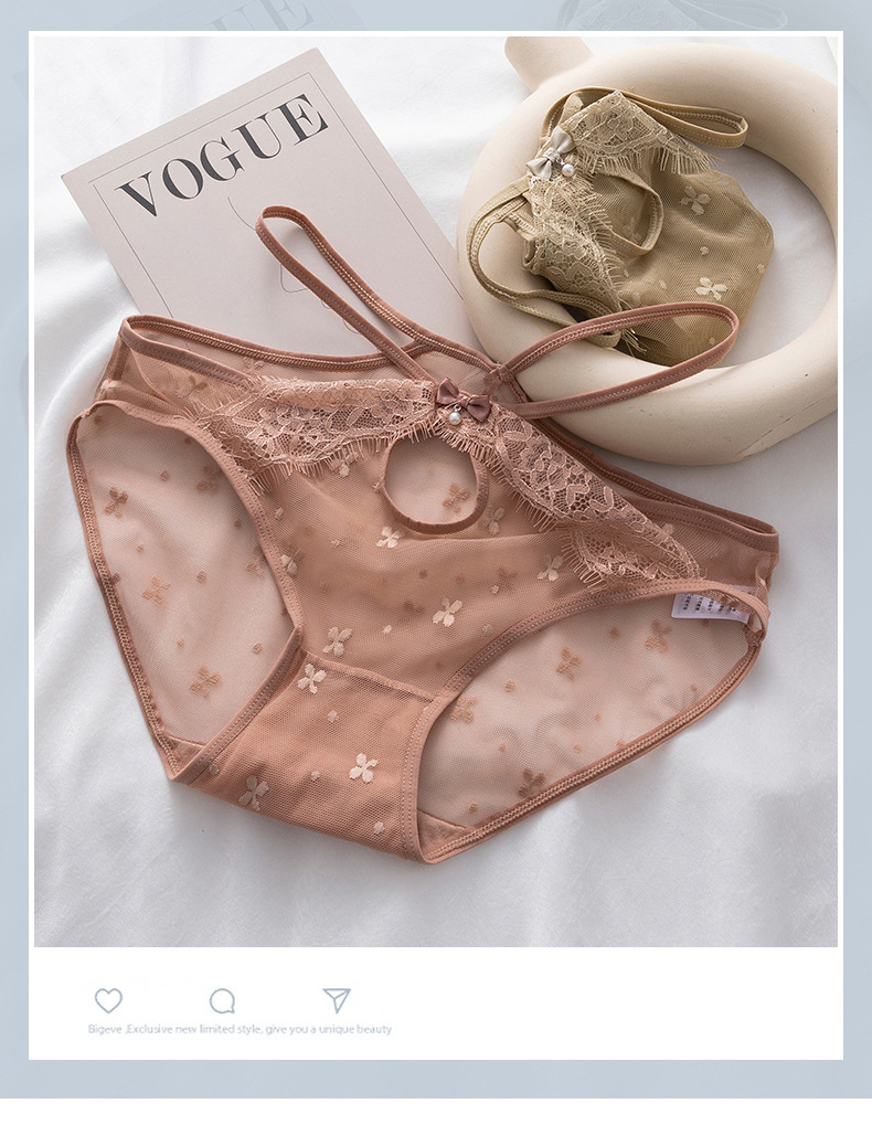 日系浪漫甜美前蕾絲花造型小珍珠細條三角褲 (黑色) M-L