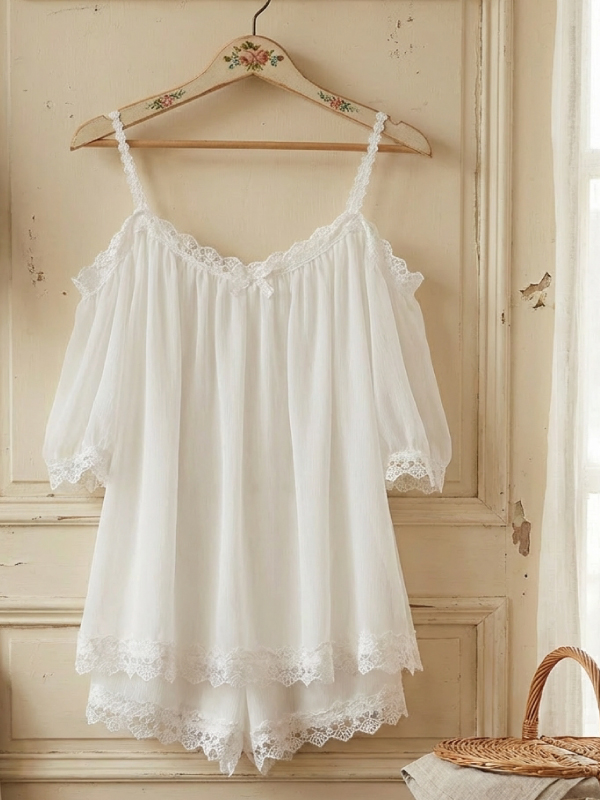 花邊一字型 居家寬鬆睡衣睡褲組 (白色) L