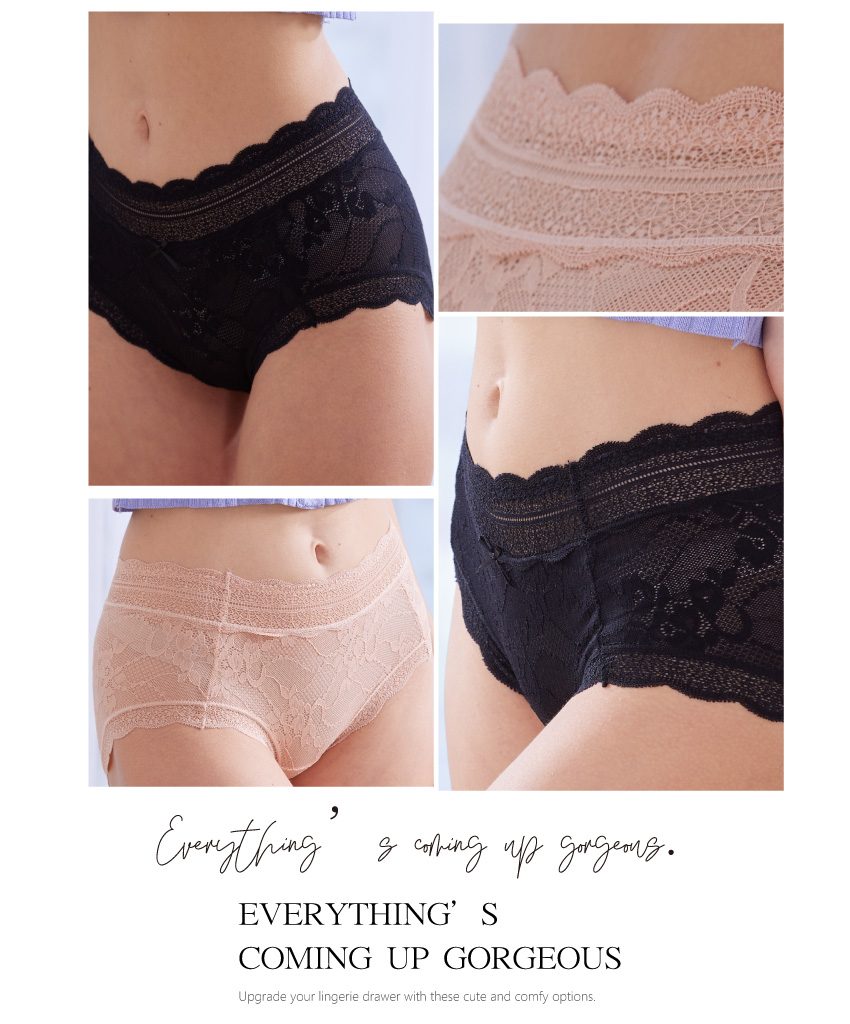 花朵網紗蕾絲透氣三角褲 (黑色)M-L