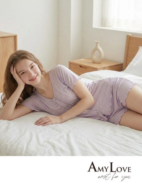 輕柔 莫黛爾V領居家睡衣睡褲莫黛爾 (紫色) L