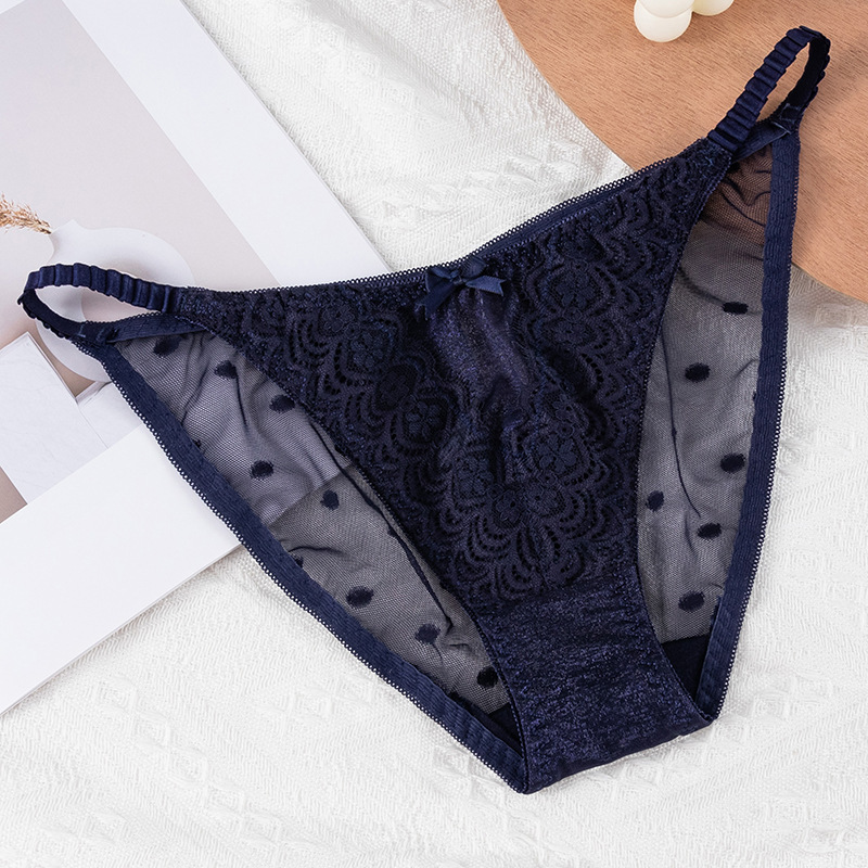 蕾絲性感網紗細條折摺三角褲 (深藍色)FREE