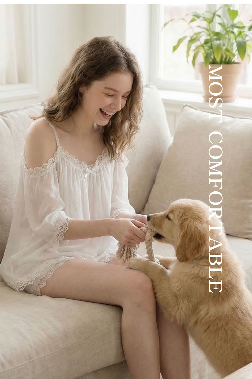 花邊一字型 居家寬鬆睡衣睡褲組 (白色) L