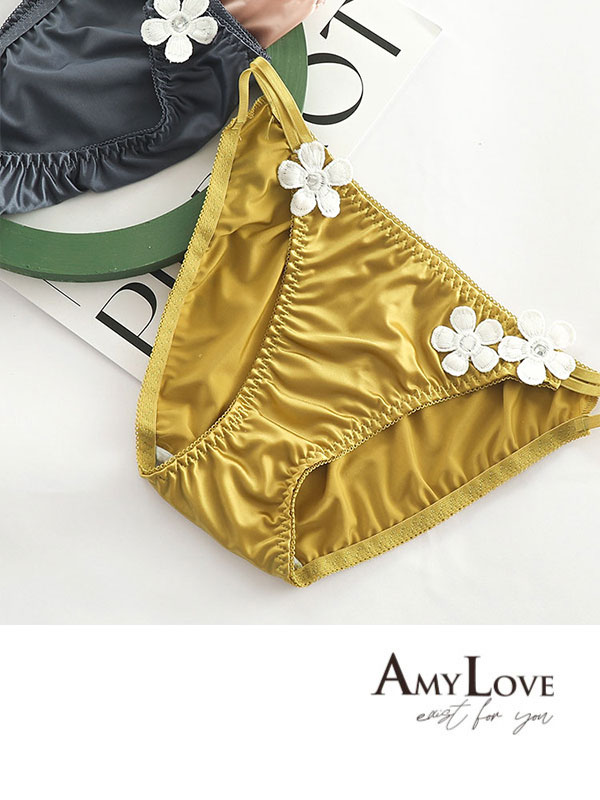 小花刺繡絲滑雙細條三角褲 (檸檬黃色) L-XL