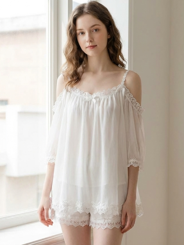 花邊一字型 居家寬鬆睡衣睡褲組 (白色) L