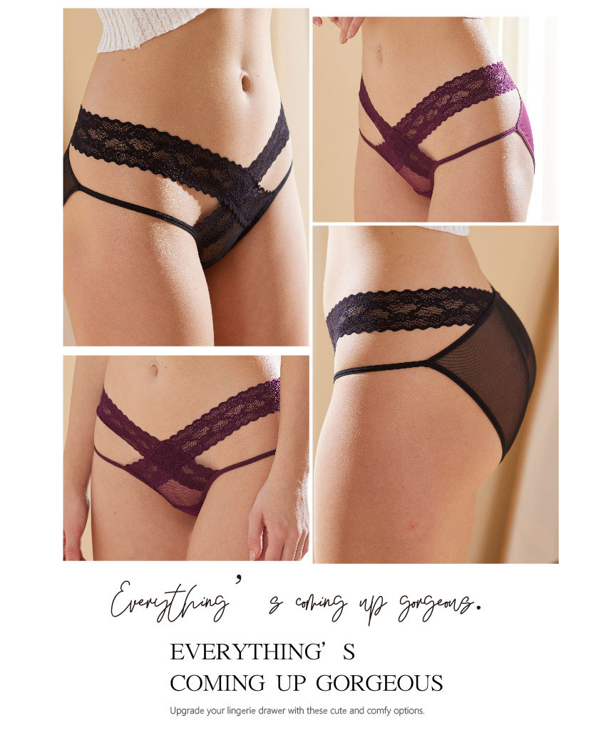 性感網紗大小細條蕾絲三角褲 (酒紅色)FREE