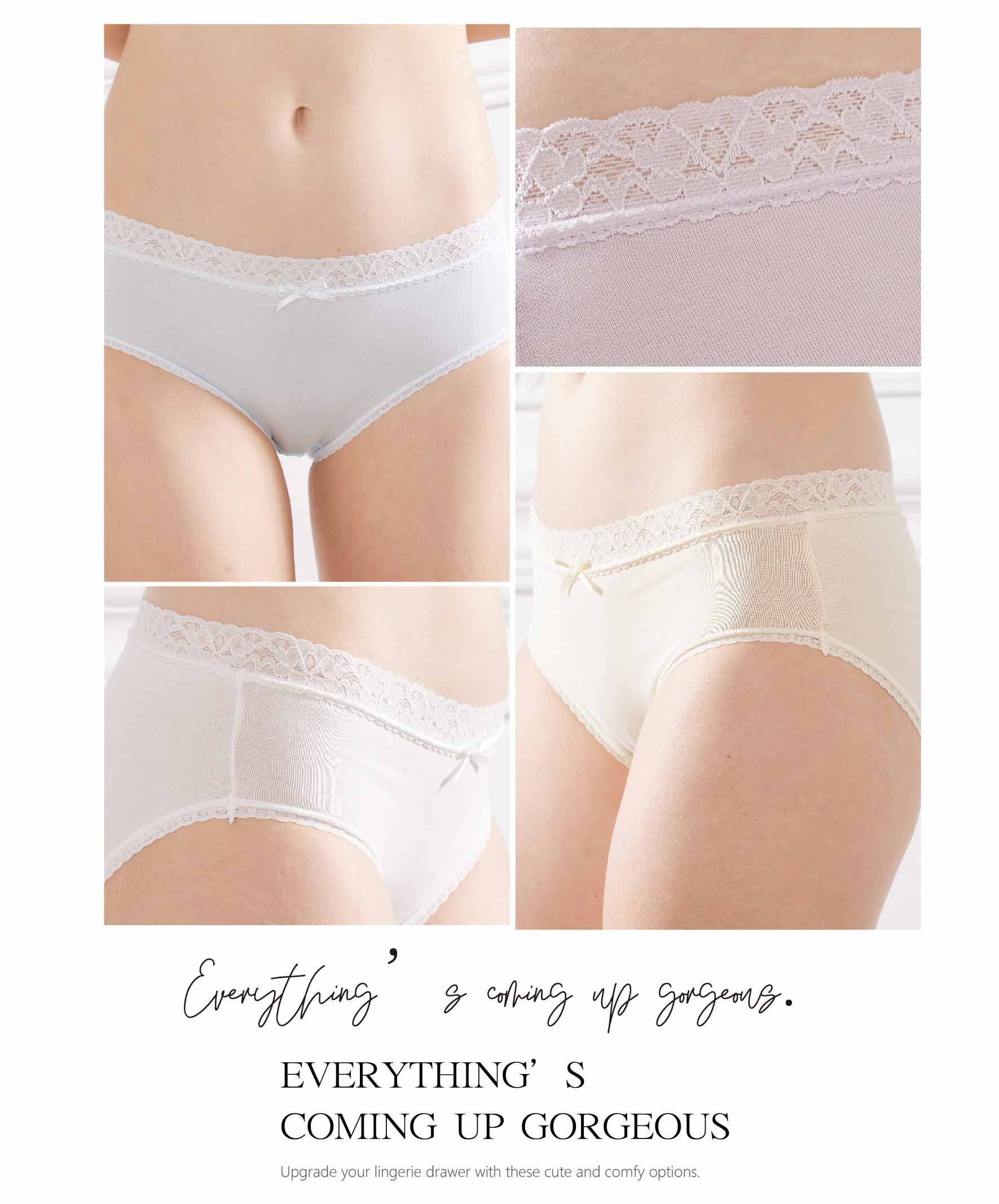 天真素棉質褲腳滾小條蕾絲包臀三角內褲 (藍色)