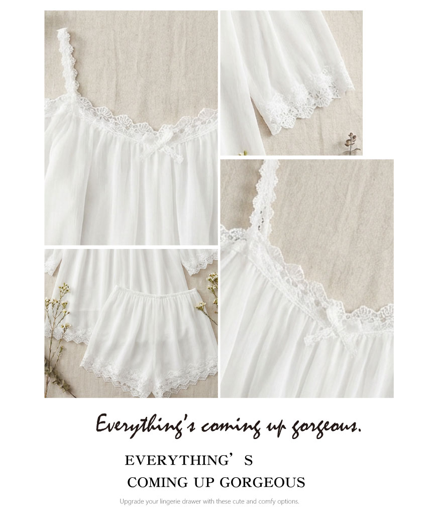 花邊一字型 居家寬鬆睡衣睡褲組 (白色) L