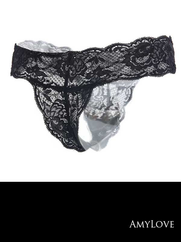 法式性感三角地帶蕾絲低腰丁字褲 (黑色)