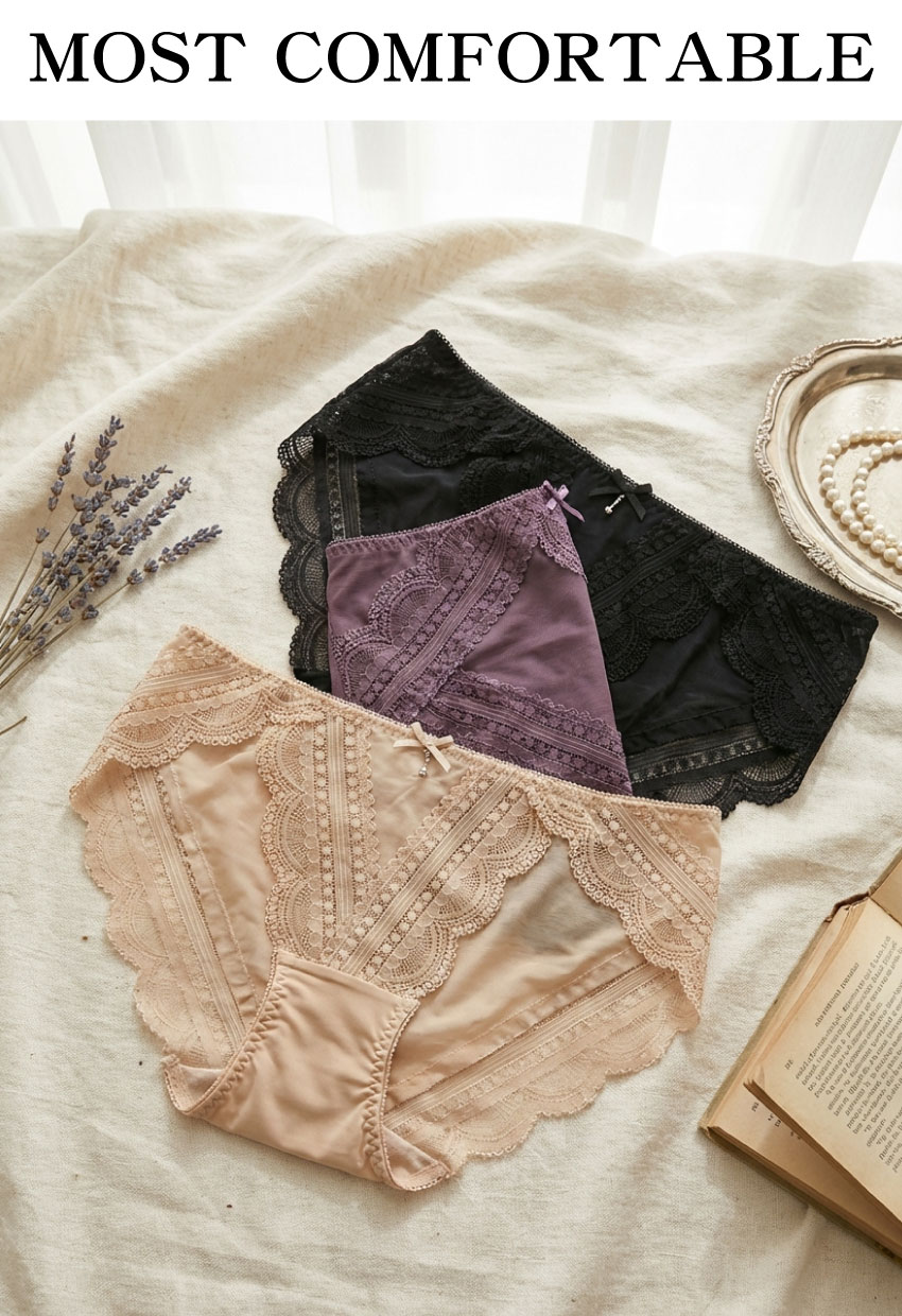 前微簍空線條緹花蕾絲條低腰三角褲 (黑色) FREE