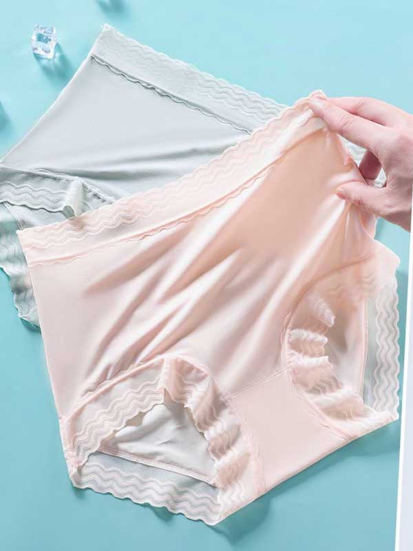 高彈超薄雲感無痕透氣蕾絲波邊小平口褲(嫩綠) M-XL