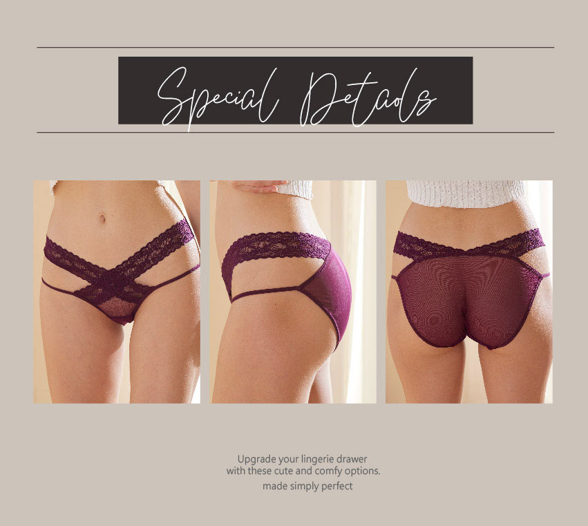 性感網紗大小細條蕾絲三角褲 (酒紅色)FREE