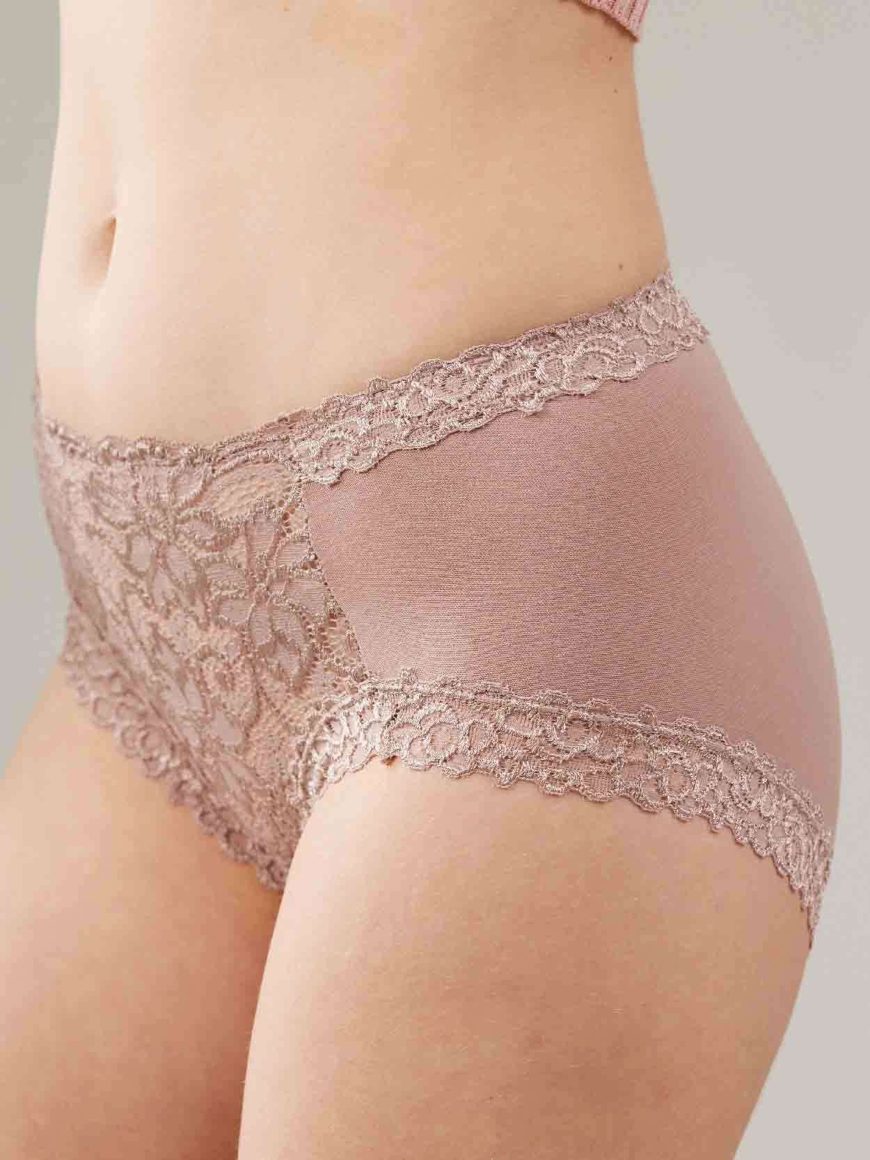 親膚柔感簍空蕾絲蠶絲高級褲 (粉藕色)
