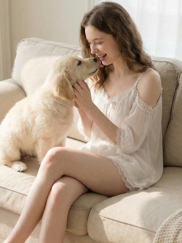 花邊一字型 居家寬鬆睡衣睡褲組 (白色) L