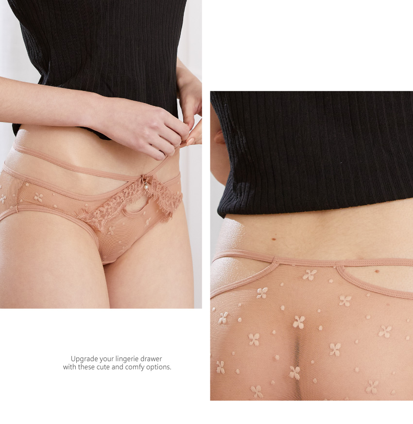 日系浪漫甜美前蕾絲花造型小珍珠細條三角褲 (嫩草綠色) M-L