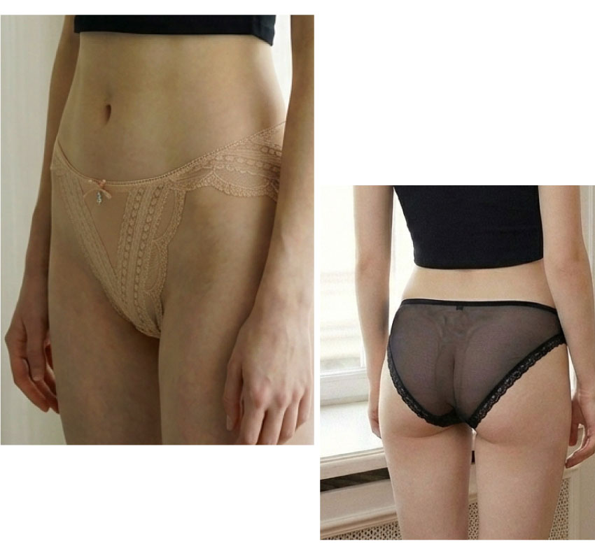 前微簍空線條緹花蕾絲條低腰三角褲 (黑色) FREE