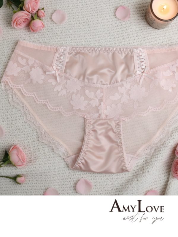 前小交叉網紗蕾絲緞面條低腰三角褲 (粉色) FREE