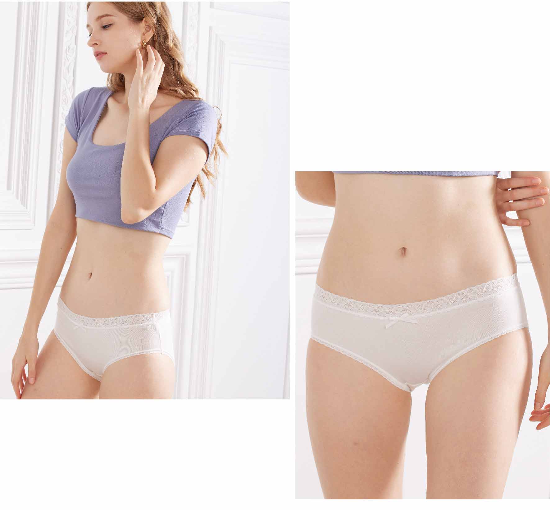 天真素棉質褲腳滾小條蕾絲包臀三角內褲 (藍色)