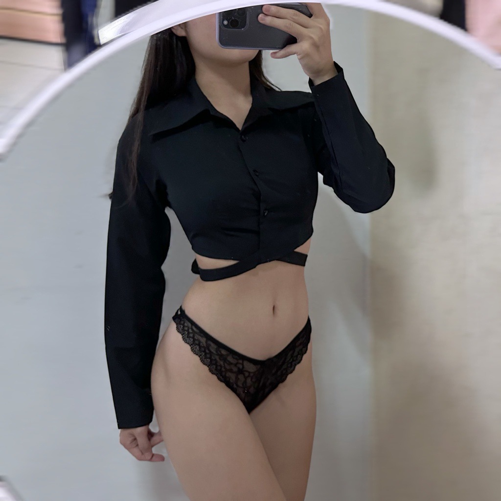 愛心鑽飾蕾絲低腰蕾絲性感丁字褲 (黑色) M-L