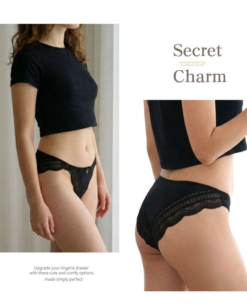 前微簍空線條緹花蕾絲條低腰三角褲 (黑色) FREE