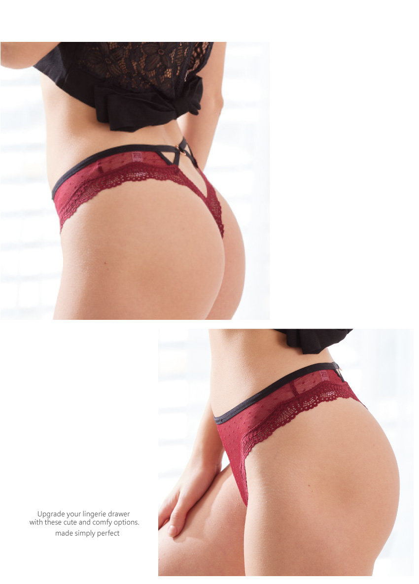 時尚造型愛心飾環性感蕾絲丁字褲 (酒紅色) M-L