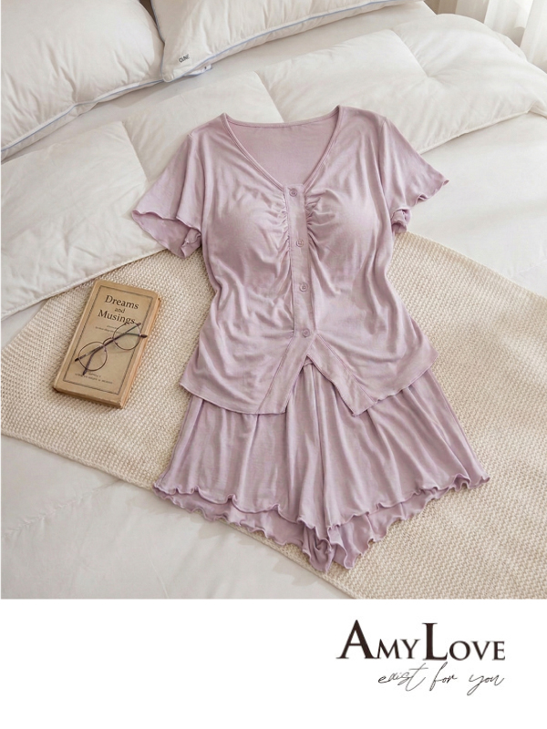 輕柔 莫黛爾V領居家睡衣睡褲莫黛爾 (紫色) L