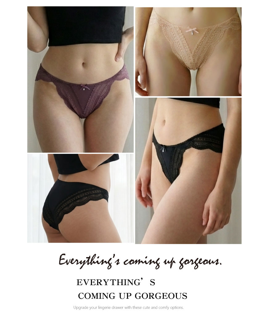 前微簍空線條緹花蕾絲條低腰三角褲 (黑色) FREE