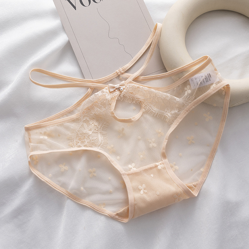 日系浪漫甜美前蕾絲花造型小珍珠細條三角褲 (嫩草綠色) M-L