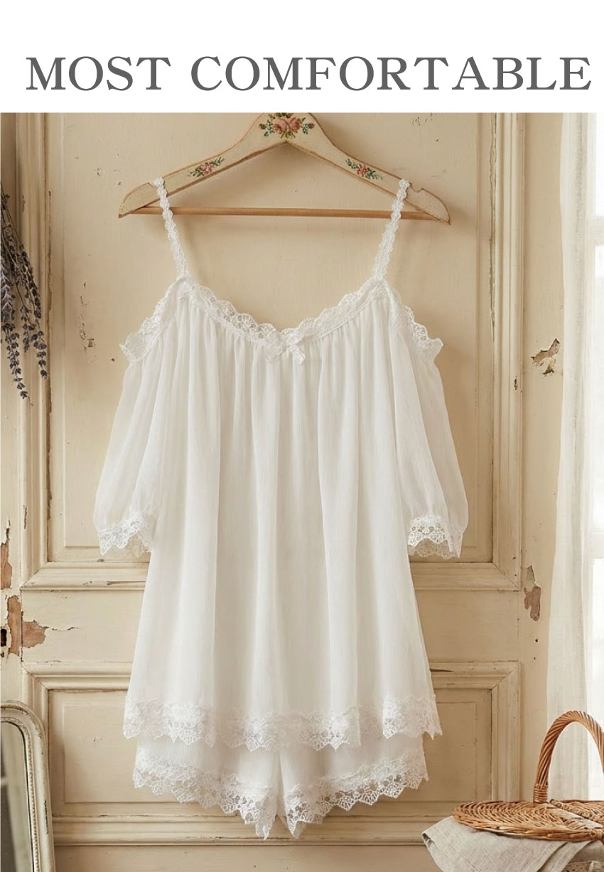 花邊一字型 居家寬鬆睡衣睡褲組 (白色) L