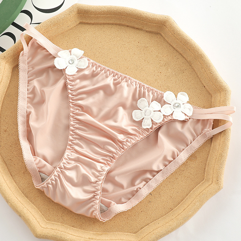 小花刺繡絲滑雙細條三角褲 (檸檬黃色) L-XL