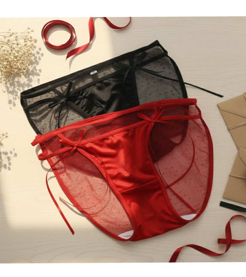 簍空線條月光緞面條低腰三角褲 (紅色) M-L