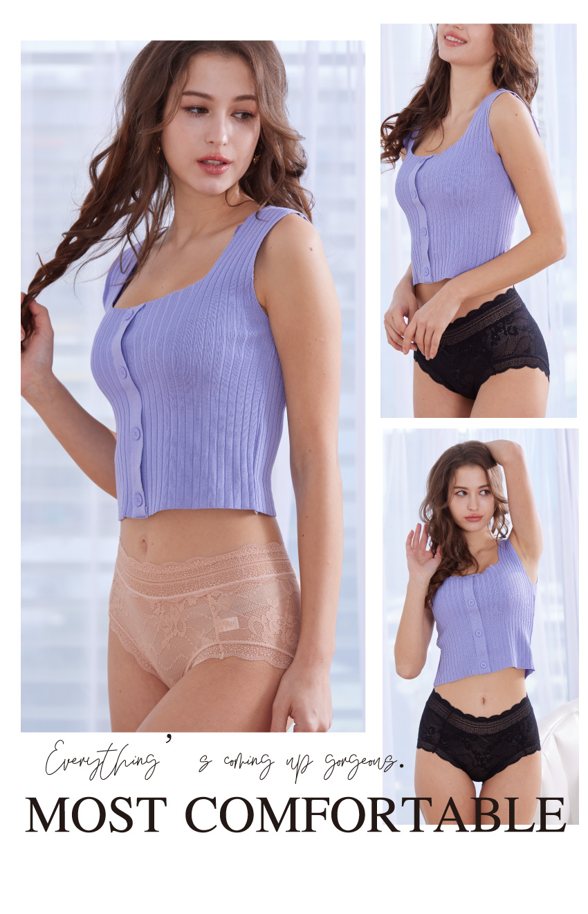 花朵網紗蕾絲透氣三角褲 (黑色)M-L