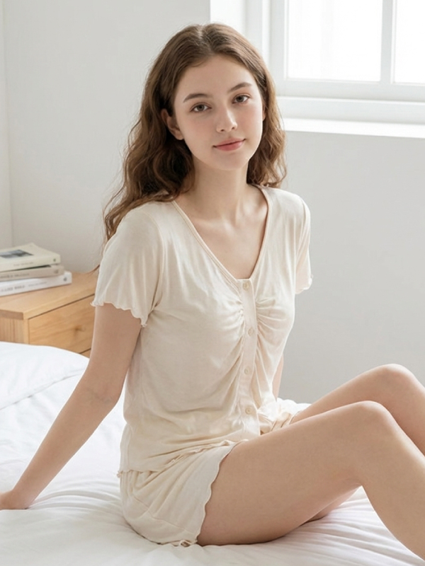 輕柔 莫黛爾V領居家睡衣睡褲莫黛爾 (奶黃色) L