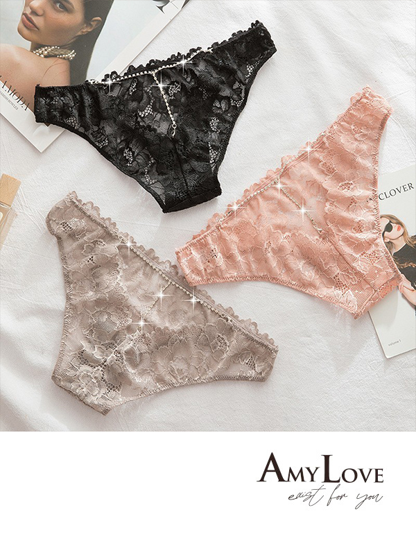 鑽飾V交叉性感鏤空蕾絲低腰三角褲 (裸膚) M-L