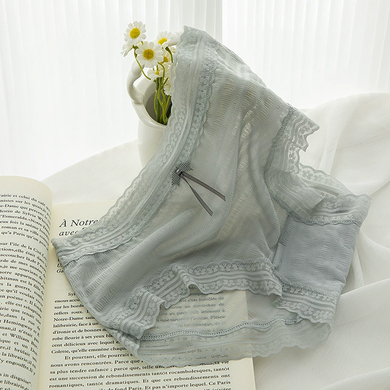 日系薄款高透氣花邊三角內褲(灰色) L-XL